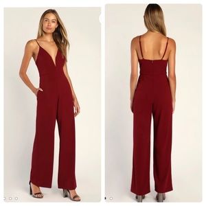 Lulus Fierce Flirt Burgundy Plunge Sleeveless Wide Leg Jumpsuit